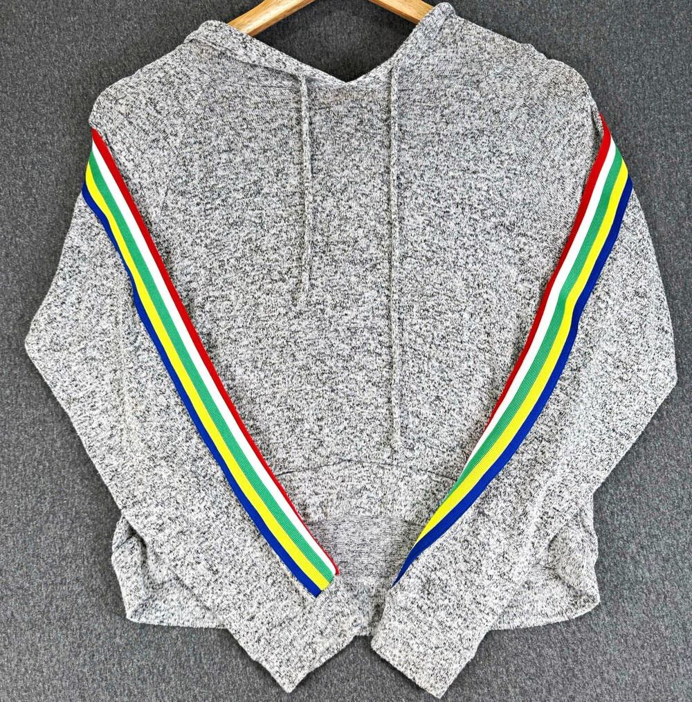 Occasion Womens S Gray Marled Knit Hoodie Rainbow Stripe Sleeves Pullover